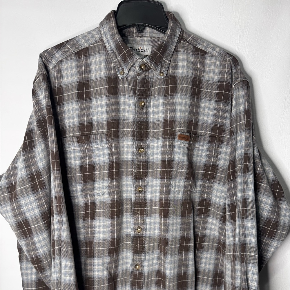 Carhartt Men's Gray and Brown Plaid Button Down Shirt